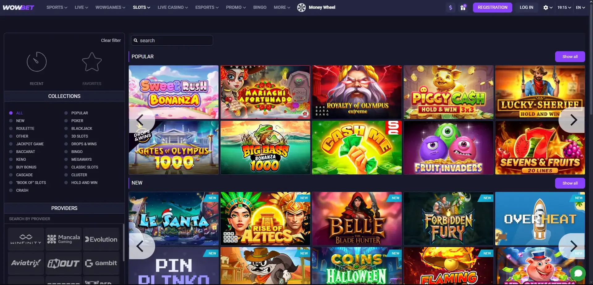 Grade de jogos do cassino WOWBet com slots, crash e mesas ao vivo