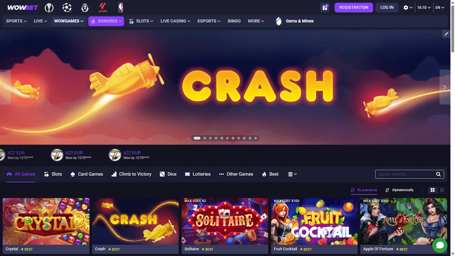 Jogos de crash exibidos na plataforma WOWBet